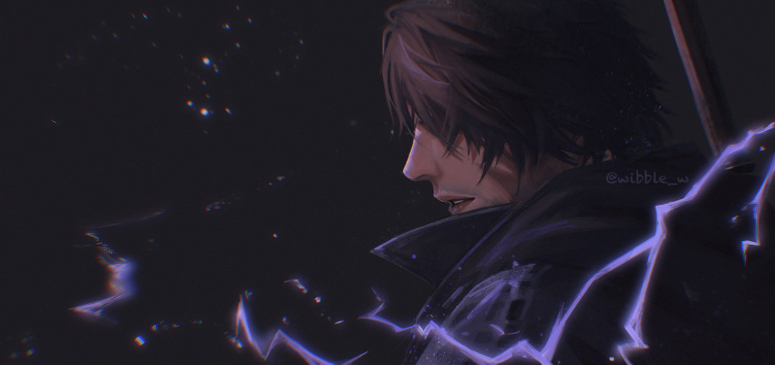1boy black_coat clive_rosfield coat covered_eyes english_commentary final_fantasy final_fantasy_xvi highres lightning male_focus parted_lips portrait profile solo twitter_username weapon weapon_on_back wibble_w