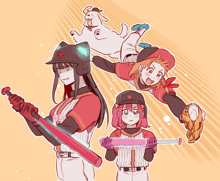 3girls animal_ear_headwear baseball baseball_bat baseball_cap baseball_mitt baseball_uniform black_hair blue_eyes blush cleats closed_mouth commentary_request gloves hair_ribbon hat holding holding_baseball_bat korean_commentary kurosawa_dia kurosawa_ruby layered_sleeves long_hair long_sleeves love_live! love_live!_sunshine!! midair mole mole_under_mouth multiple_girls open_mouth orange_background orange_eyes pants parted_lips pito_(sh02327) purple_gloves red_eyes red_gloves red_ribbon red_shirt redhead ribbon shiitake_(love_live!_sunshine!!) shirt short_over_long_sleeves short_sleeves smile sportswear striped_clothes striped_shirt takami_chika twintails undershirt v-shaped_eyebrows white_pants white_shirt