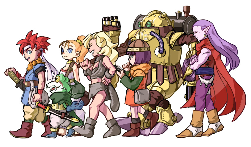 3girls absurdres artist_request ayla_(chrono_trigger) chrono_trigger closed_mouth crono_(chrono_trigger) frog_(chrono_trigger) full_body glasses headband helmet highres jewelry long_hair lucca_ashtear magus_(chrono_trigger) marle_(chrono_trigger) multiple_boys multiple_girls navel open_mouth ponytail robo_(chrono_trigger) robot short_hair simple_background smile spiky_hair weapon white_background