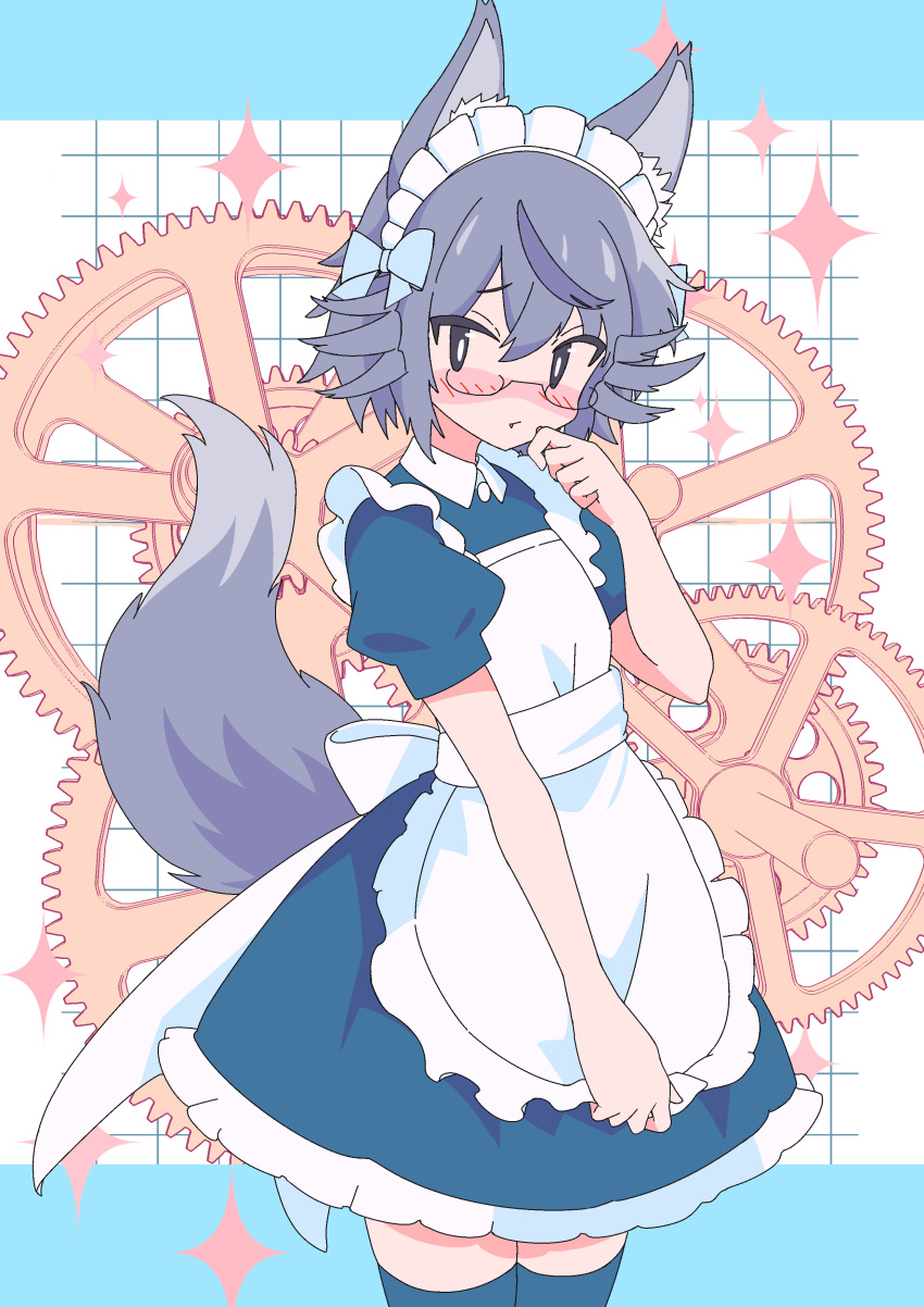 1girl absurdres animal_ears apron bespectacled blue_thighhighs blush closed_mouth glasses grey_hair highres izayoi_sakuya kemonomimi_mode looking_at_viewer maid maid_apron maid_headdress short_hair solo tail thigh-highs touhou wolf_ears wolf_girl wolf_tail yodok