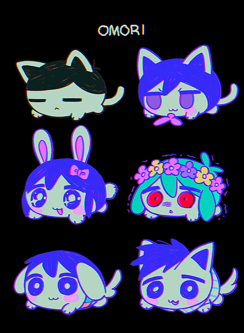 2girls 4boys :3 animal animal_focus animalization antenna_hair aqua_hair aubrey_(headspace)_(omori) aubrey_(omori) basil_(headspace)_(omori) basil_(omori) black_background black_hair blue_shirt blush bow bright_pupils brother_and_sister brothers cat checkered_clothes chromatic_aberration closed_eyes closed_mouth copyright_name dog dog_tail floppy_ears hair_between_eyes hair_bow head_wreath hero_(headspace)_(omori) hero_(omori) highres kel_(headspace)_(omori) kel_(omori) looking_at_another mari_(headspace)_(omori) mari_(omori) menma_(enaic31) multiple_boys multiple_girls neckerchief no_eyebrows no_pupils official_alternate_eye_color omori omori_(omori) open_mouth pink_bow pink_neckerchief purple_hair rabbit rabbit_tail red_eyes retro_artstyle shirt siblings striped_clothes striped_shirt tail trembling vertical-striped_clothes vertical-striped_shirt violet_eyes white_pupils white_shirt