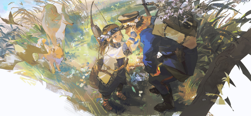 1boy 1girl absurdres ainu_clothes asirpa black_hair boots bow_(weapon) chinese_commentary commentary_request deer eye_contact fox golden_kamuy hands_on_another's_cheeks hands_on_another's_face hat headband highres liyuliyuzhou long_hair looking_at_another military_uniform nature outdoors peaked_cap smile squatting sugimoto_saichi uniform weapon
