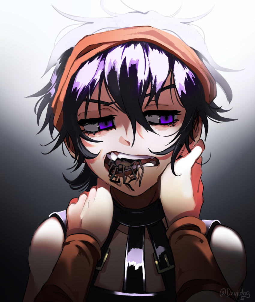 1boy animal_in_mouth black_background black_hair black_tank_top bug deviidog0 english_commentary gradient_background hairband hands_on_own_neck hands_up highres jojo_no_kimyou_na_bouken male_focus mouth_hold narancia_ghirga open_mouth orange_hairband purple_hair short_hair solo spider tank_top upper_body vento_aureo violet_eyes white_background