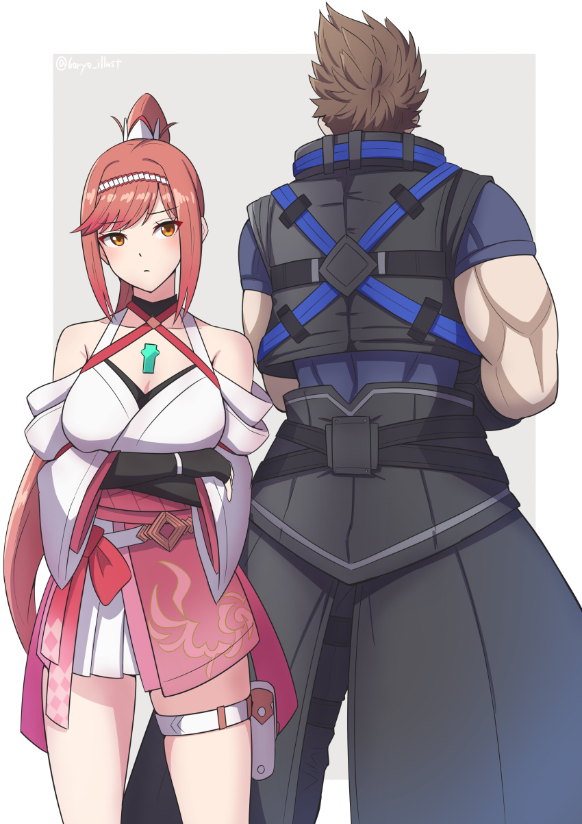 1boy 1girl absurdres bare_shoulders black_gloves border brown_hair chest_jewel closed_mouth collarbone commentary_request core_crystal_(xenoblade) crossed_arms detached_sleeves elbow_gloves father_and_daughter fingerless_gloves from_behind glimmer_(xenoblade) gloves grey_background highres japanese_clothes kimono long_hair looking_at_viewer muscular muscular_male orange_eyes outside_border ponytail redhead rex_(xenoblade) ryochan96154 sidelocks simple_background spiky_hair swept_bangs twitter_username white_border white_kimono xenoblade_chronicles_(series) xenoblade_chronicles_3 xenoblade_chronicles_3:_future_redeemed