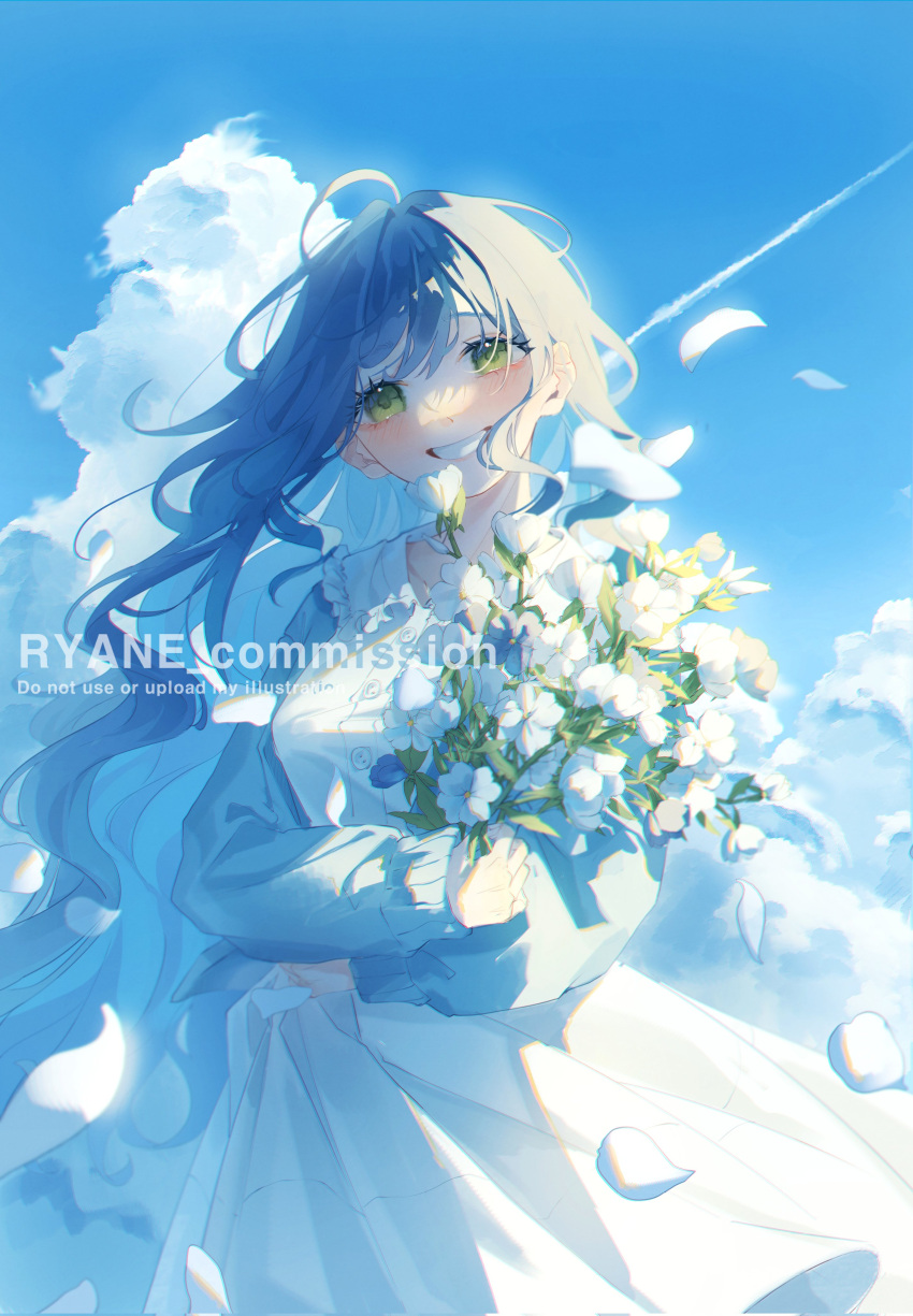 1girl absurdres ahoge blue_hair blue_sky blush bouquet clenched_teeth clouds collared_dress commission contrail corrupted_twitter_file cumulonimbus_cloud day dress english_text falling_petals flower frills green_eyes grin highres holding holding_bouquet holding_flower long_hair long_sleeves looking_at_viewer original outdoors petals ryane_(yry_0) sky smile solo teeth very_long_hair watermark white_dress white_flower