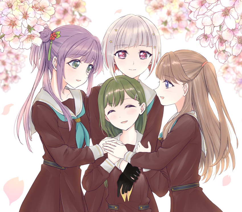 4girls :d aegis_zan aqua_neckerchief arms_around_neck black_gloves blurry blurry_background bob_cut brown_dress brown_hair check_commentary cherry_blossoms closed_mouth colored_inner_hair commentary_request diagonal_bangs dress falling_petals flower fujishima_megumi gloves green_eyes green_hair grey_hair group_hug hair_bun hair_flower hair_ornament hairclip half_gloves hands_on_another's_arms happy hasu_no_sora_school_uniform height_difference highres hug inverted_bob link!_like!_love_live! long_hair long_sleeves looking_at_another love_live! multicolored_hair multiple_girls neckerchief oogami_sachi open_mouth otomune_kozue petals pink_eyes pink_flower pink_petals pleated_dress purple_hair red_flower redhead sailor_collar sailor_dress school_uniform short_hair side_ponytail sidelocks sideways_mouth single_side_bun smile split_mouth star_(symbol) star_hair_ornament straight_hair streaked_hair swept_bangs two_side_up violet_eyes virtual_youtuber white_background white_sailor_collar winter_uniform yellow_neckerchief yugiri_tsuzuri
