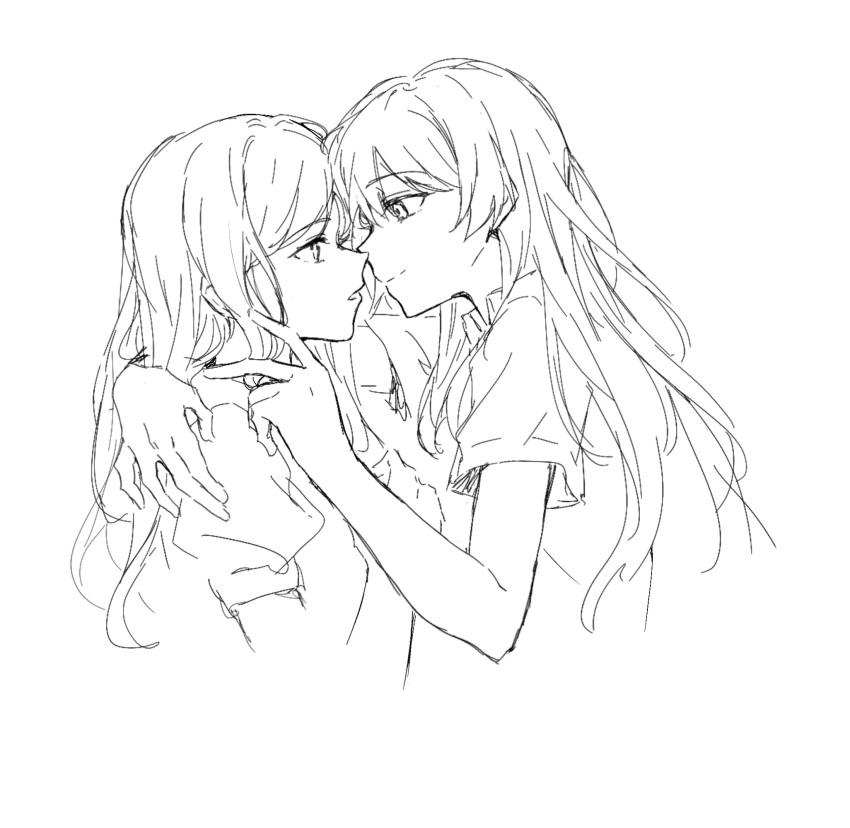 2girls bang_dream! bang_dream!_it's_mygo!!!!! chihaya_anon closed_mouth commentary cropped_torso eye_contact greyscale hand_in_another's_hair highres imminent_kiss long_hair looking_at_another monochrome multiple_girls muonrei00 nagasaki_soyo parted_lips puffy_short_sleeves puffy_sleeves short_sleeves sidelocks simple_background upper_body variant_set white_background yuri