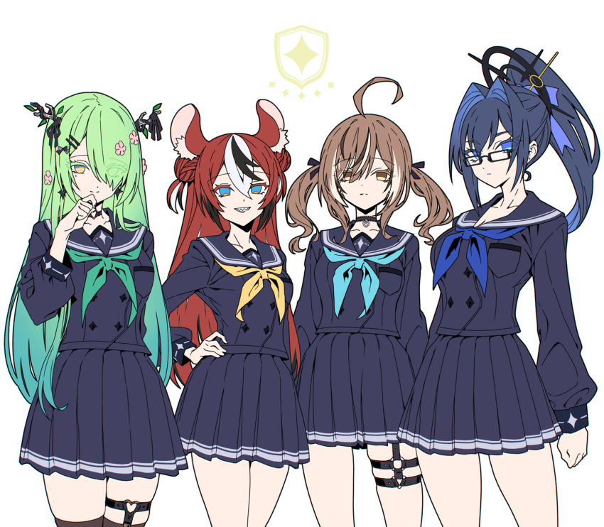 4girls alternate_costume alternate_hairstyle animal_ears antler_ribbon antlers black_hair blue_eyes blue_hair brown_eyes brown_hair ceres_fauna earrings feathers flower glasses green_hair hair_flower hair_intakes hair_ornament hair_over_one_eye hakos_baelz highres holocouncil hololive hololive_english horns jewelry long_hair looking_at_viewer mouse_ears mouse_girl multicolored_hair multiple_girls nanashi_mumei ouro_kronii ponytail redhead school_uniform sharp_teeth smile streaked_hair taka_t teeth tree_horns twintails virtual_youtuber white_hair yellow_eyes
