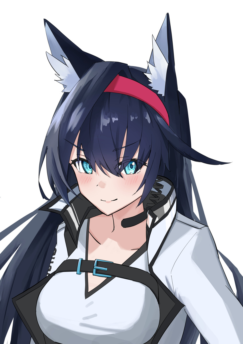1girl absurdres animal_ear_fluff animal_ears arknights blaze_(arknights) blue_eyes blush closed_mouth commentary eyes_visible_through_hair fubou_(0503oekaki24) hair_between_eyes hair_over_one_eye hairband high_collar highres jacket long_hair looking_at_viewer open_clothes open_jacket pink_hairband purple_hair shirt simple_background sketch smile solo split_mouth strap upper_body v-neck white_background white_jacket white_shirt
