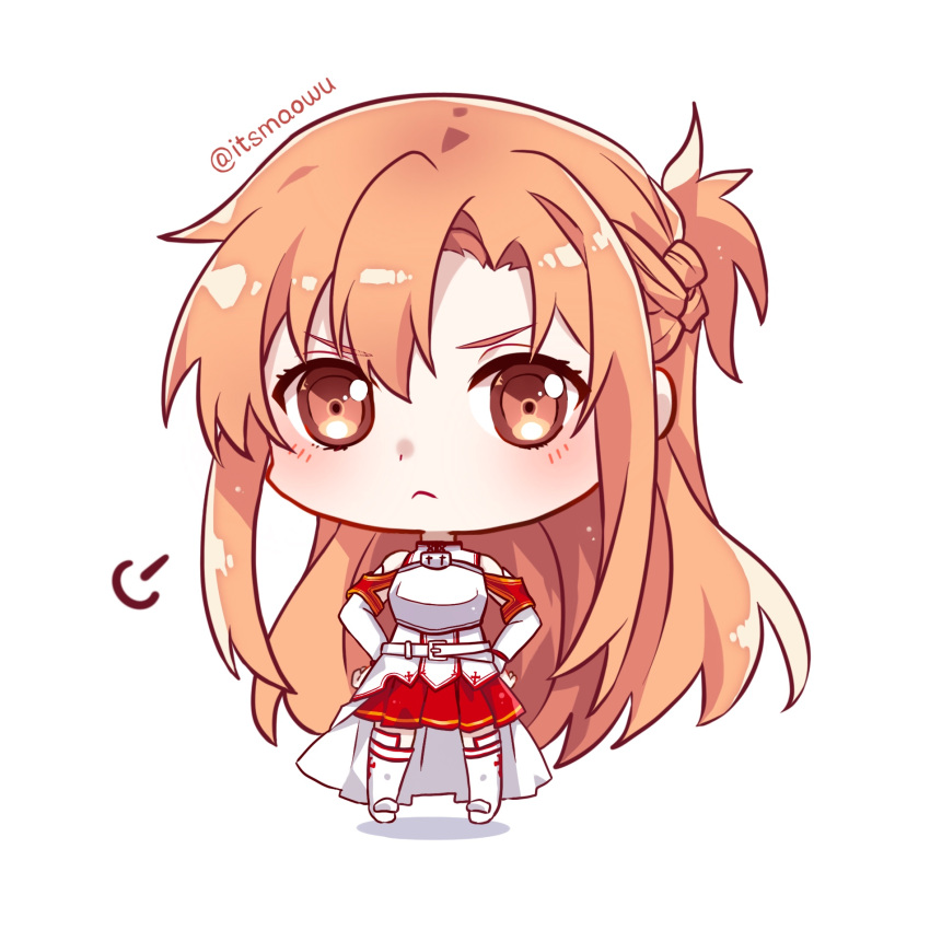 1girl :&lt; armor artist_name asuna_(sao) bare_shoulders braid breastplate brown_eyes chibi chibi_only closed_mouth commentary detached_sleeves dress french_braid frown full_body hair_between_eyes hands_on_own_hips highres huffing istriri light_blush long_hair looking_at_viewer orange_hair pleated_skirt red_skirt simple_background skirt solo standing sword_art_online thigh-highs turtleneck turtleneck_dress twitter_username white_background white_dress white_sleeves white_thighhighs zettai_ryouiki