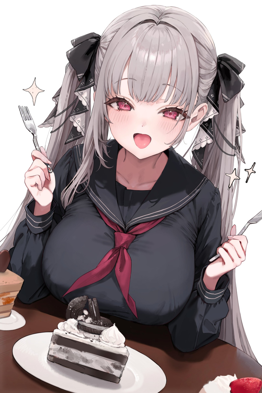 1girl absurdres azur_lane black_sailor_collar black_serafuku blush breasts cake chocolate_cake food fork formidable_(azur_lane) formidable_(the_lover's_heart_flutters_on_duty)_(azur_lane) freng grey_hair highres holding holding_fork huge_breasts long_sleeves looking_at_viewer neckerchief open_mouth pink_eyes plate red_neckerchief sailor_collar school_uniform serafuku simple_background smile solo twintails white_background