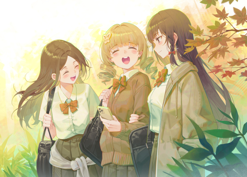 3girls absurdres bag blonde_hair blunt_bangs blush bow bowtie braid branch brown_eyes brown_hair brown_jacket brown_skirt brown_sweater bug butterfly butterfly_hair_ornament buttons day drill_hair hair_intakes hair_ornament happy highres hop3 jacket leaf long_hair looking_at_another maple_leaf multiple_girls open_clothes open_jacket open_mouth original outdoors parted_bangs pleated_skirt red_bow red_bowtie school_bag school_uniform shirt side_braid sidelocks skirt smile sweater teeth tongue uniform upper_teeth_only white_shirt yellow_butterfly