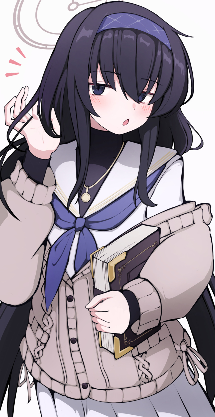 1girl black_hair blue_archive blue_eyes blue_hairband blue_neckerchief blush book brown_cardigan brown_halo cardigan grey_background hairband halo highres holding holding_book jewelry long_sleeves looking_at_viewer low_twintails neckerchief necklace open_mouth pleated_skirt sailor_collar school_uniform serafuku simple_background skirt solo twintails ui_(blue_archive) white_sailor_collar white_skirt yun_(kbdenz9)