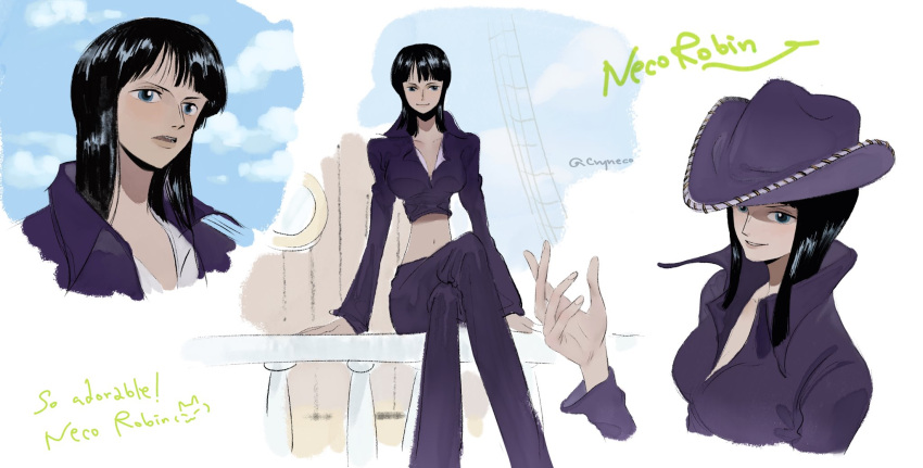 1girl arm_up black_hair blue_eyes blunt_bangs character_name collared_jacket commentary cowboy_hat cropped_jacket crossed_legs from_above hat highres jacket linerynlasgalen looking_at_viewer medium_hair multiple_views nico_robin one_piece pants purple_hat purple_jacket purple_pants sitting sky smile solo symbol-only_commentary twitter_username