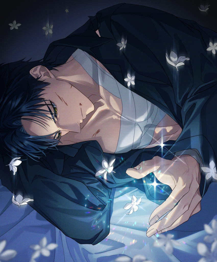 1boy bandages black_hair black_shirt blanket blood blood_on_body blood_on_face brown_eyes closed_mouth collared_shirt expressionless falling_flower fingernails flower highres injury love_and_deepspace lying magic male_focus on_bed on_side open_clothes open_shirt pectorals shirt short_hair siiisuusuu solo veins white_flower zayne_(love_and_deepspace)
