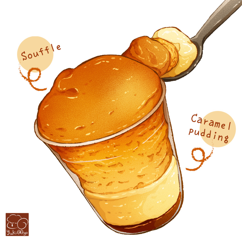 artist_logo caramel cup food food_focus highres no_humans original pudding simple_background souffle_(food) spoon white_background yuki00yo