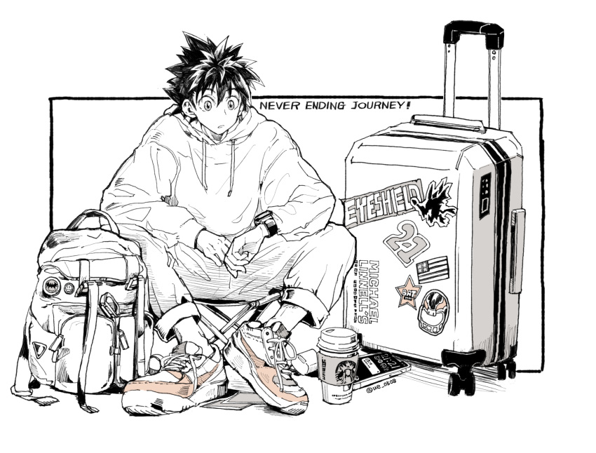 1boy backpack bag camping_chair copyright_name cup disposable_cup earbuds_charging_case english_text eyeshield_21 full_body greyscale highres hood hoodie kobayakawa_sena long_sleeves male_focus monochrome rolling_suitcase shoes short_hair sitting smartjoy sneakers solo spiky_hair spot_color starbucks sticker suitcase ueda-pix watch watch