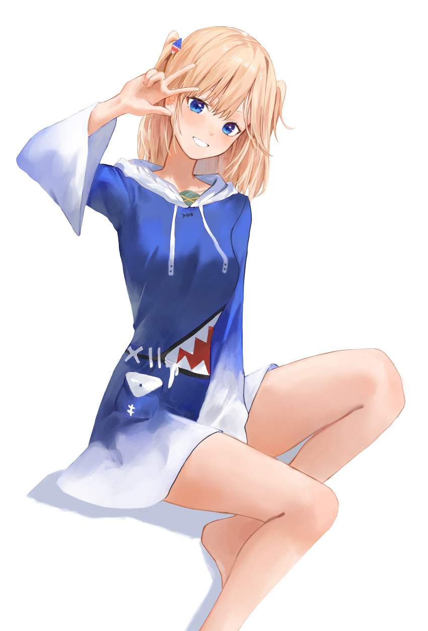 1girl absurdres alternate_costume bare_legs blonde_hair blue_eyes blue_hoodie breasts collarbone cosplay drawstring feet_out_of_frame gawr_gura gawr_gura_(cosplay) grin hair_between_eyes hair_ornament hand_on_own_face hand_up highres hololive hood hood_down hoodie kaze_22 long_sleeves looking_at_viewer medium_hair shark_hair_ornament short_twintails simple_background sitting small_breasts smile solo twintails virtual_youtuber w watson_amelia white_background wide_sleeves