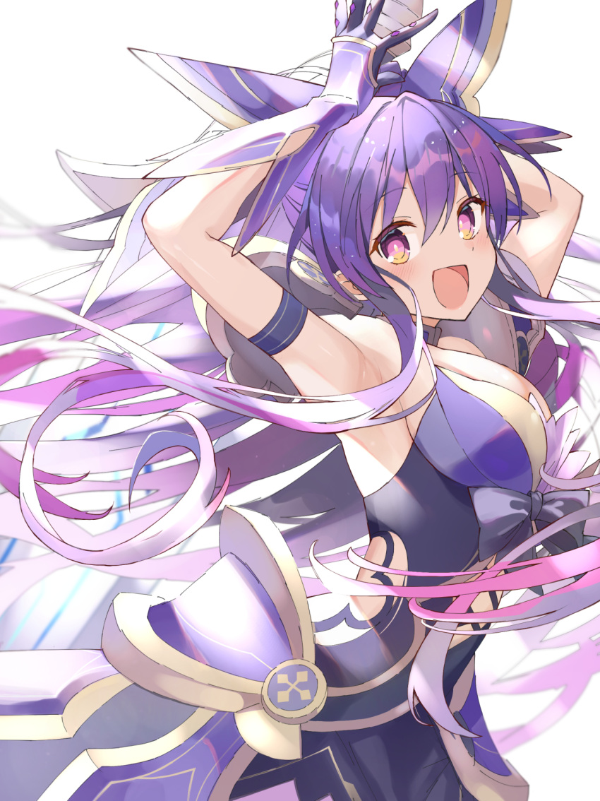 1girl armor armored_dress bow breasts date_a_live dress gauntlets highres long_hair medium_breasts open_mouth purple_hair smile solo upper_body violet_eyes white_background yatogami_tooka youmtk1714