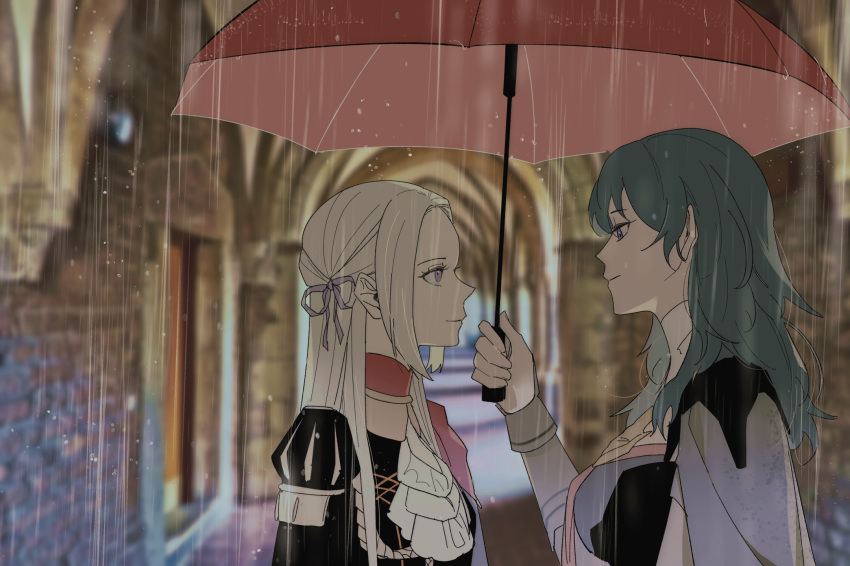 2girls ascot b_(wldms6650) black_ribbon blue_hair byleth_(female)_(fire_emblem) byleth_(fire_emblem) closed_mouth commentary edelgard_von_hresvelg english_commentary eye_contact fire_emblem fire_emblem:_three_houses hair_ribbon highres holding holding_umbrella long_hair looking_at_another multiple_girls outdoors photo_background purple_ribbon rain red_umbrella ribbon shared_umbrella umbrella upper_body violet_eyes white_ascot white_hair
