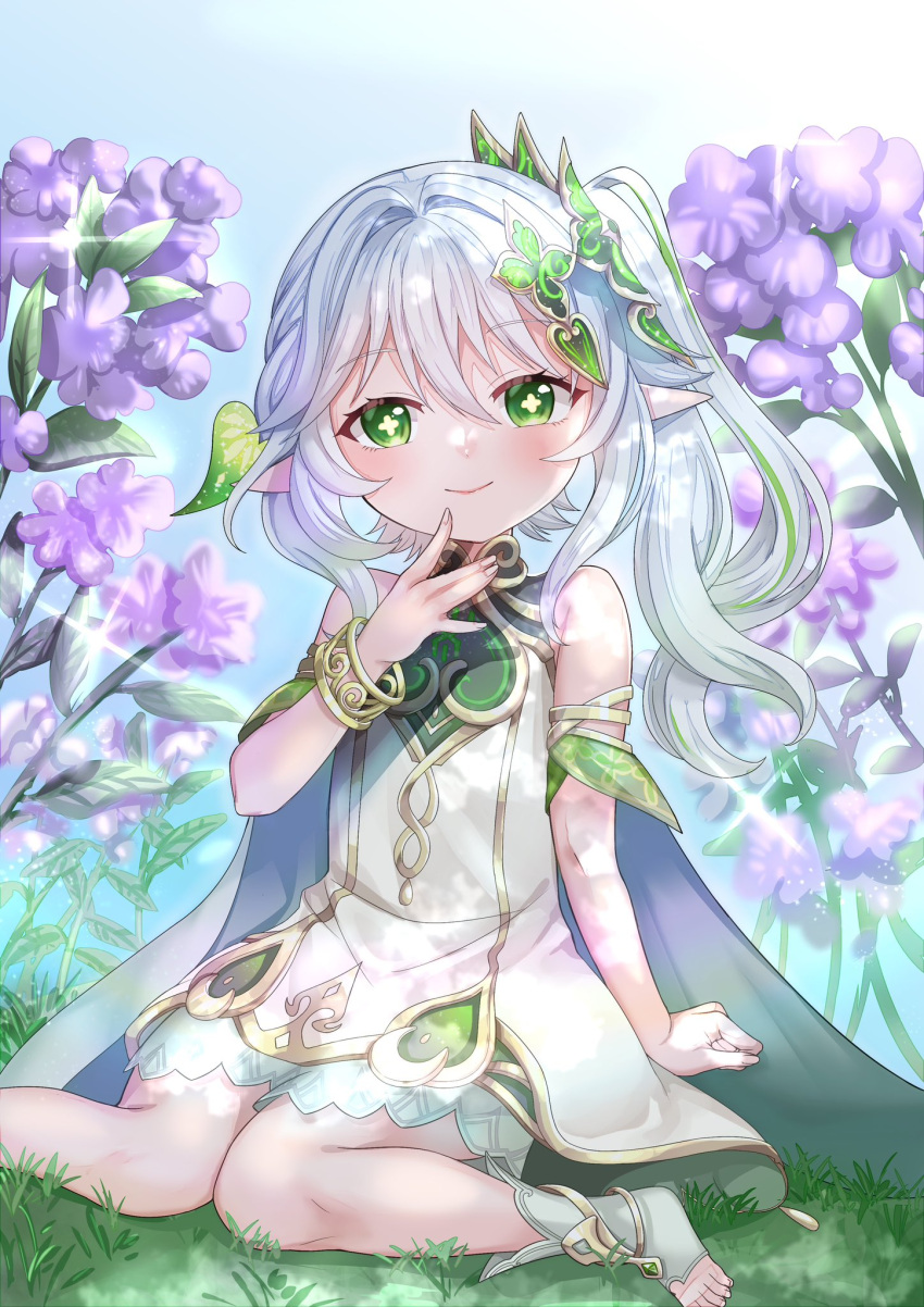 1girl bloomers blush bracelet cape chjk000 clenched_hand closed_mouth commentary_request dappled_sunlight dress eyelashes flower full_body genshin_impact grass green_eyes green_hair hair_between_eyes hair_ornament hand_on_own_face highres jewelry leaf_hair_ornament long_hair looking_at_viewer multicolored_hair nahida_(genshin_impact) nature on_grass on_ground pointy_ears sitting sleeveless sleeveless_dress smile solo stirrup_legwear sunlight symbol-shaped_pupils toeless_legwear toes two-tone_hair white_bloomers white_cape white_dress white_hair