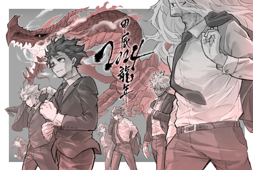 2girls 5boys adjusting_clothes adjusting_sleeves arm_at_side bakugou_katsuki belt belt_buckle blunt_bangs bob_cut boku_no_hero_academia border bright_pupils buckle burn_scar buttoned_cuffs buttons cheek_piercing chinese_new_year chinese_zodiac clenched_hand closed_mouth collared_shirt commentary_request dabi_(boku_no_hero_academia) double_bun dragon dress_shirt dressing eastern_dragon expressionless floating_clothes floating_hair floating_neckwear flying foreground_text freckles from_side gold_floss grey_background grin hair_bun hand_in_pocket hand_up hands_up head_out_of_frame jacket jacket_over_shoulder lapels leaning_forward long_hair long_sleeves looking_ahead looking_at_another looking_to_the_side messy_hair midoriya_izuku mole mole_under_mouth monochrome multicolored_hair multiple_boys multiple_girls multiple_piercings multiple_scars narrowed_eyes necktie notched_lapels open_clothes open_jacket outside_border outstretched_arm pant_suit pants partial_commentary profile sanpaku scales scar scar_on_face scar_on_hand scar_on_neck serious shigaraki_tomura shirt short_hair sidelocks sideways_glance sideways_mouth smile smoke spiky_hair spoilers suit suit_jacket text_focus todoroki_shouto todoroki_touya toga_himiko turning_head tuxedo two-tone_hair unworn_jacket upper_body uraraka_ochako waistcoat walking white_border wing_collar year_of_the_dragon