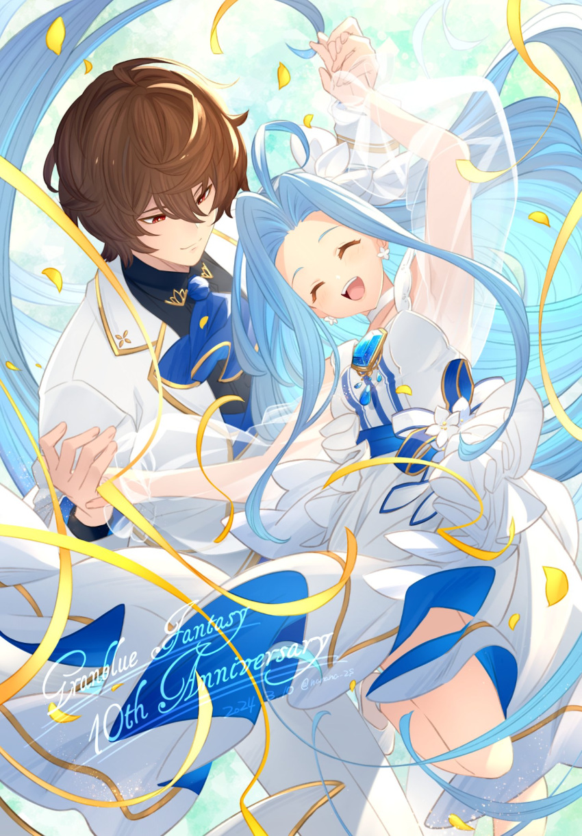 1boy 1girl 2024 :d absurdly_long_hair ahoge alternate_costume ascot bishounen black_shirt blue_ascot blue_gemstone brown_hair celebration chest_jewel closed_mouth commentary commentary_request dress earrings english_commentary falling_petals floating_hair frilled_dress frills gem granblue_fantasy hair_between_eyes highres holding_hands jacket jewelry jumping long_hair looking_down lyria_(granblue_fantasy) messy_hair milestone_celebration parted_bangs petals pochi-a red_eyes sandalphon_(granblue_fantasy) shirt short_hair signature smile streamers suit upper_body very_long_hair white_dress white_footwear white_jacket yellow_petals
