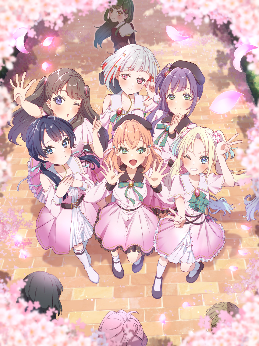 6+girls :d ;o absurdres ahoge anyoji_hime aqua_eyes arm_up ascot beret black_choker black_footwear black_hair black_hat blonde_hair blue_eyes blue_hair blue_ribbon blush bob_cut boots brick_road brown_dress brown_eyes brown_hair cherry_blossoms choker closed_mouth clothing_cutout collarbone colored_inner_hair crossed_bangs dark_blue_hair diagonal_bangs double_v dream_believers_(love_live!) dress falling_petals flats flower frilled_dress frills fujishima_megumi gradient_hair green_ascot green_eyes green_hair green_ribbon grey_hair grin hair_bun hair_flower hair_ornament hair_ribbon hairclip hand_on_own_chin hands_on_own_chest hands_up hasu_no_sora_school_uniform hat highres hinoshita_kaho inverted_bob kachimachi_kosuzu knee_boots kyaku_tasu light_blue_hair link!_like!_love_live! long_hair long_sleeves looking_at_viewer looking_back looking_to_the_side love_live! low_twintails medium_dress medium_hair momose_ginko multi-tied_hair multicolored_hair multiple_girls murano_sayaka neck_ribbon neckerchief one_eye_closed oogami_sachi open_hands orange_hair osawa_rurino otomune_kozue out_of_frame parted_bangs petals pink_dress pink_eyes pink_flower pink_hair pleated_dress purple_hair rabbit_hair_ornament red_flower redhead ribbon sailor_collar sailor_dress school_uniform short_hair short_sleeves shoulder_cutout side_ponytail sidelocks sideways_glance single_side_bun smile socks split_mouth star_(symbol) star_hair_ornament streaked_hair striped_ascot striped_ribbon swept_bangs twintails two_side_up v v-shaped_eyebrows violet_eyes virtual_youtuber white_flower white_sailor_collar white_socks winter_uniform yellow_neckerchief yugiri_tsuzuri