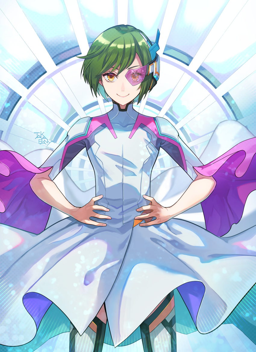 1boy a3! absurdres androgynous artist_name green_hair hands_on_own_hips headset highres looking_at_viewer rurikawa_yuki scouter smile solo standing taka_banyaaa thigh-highs wide_sleeves yellow_eyes