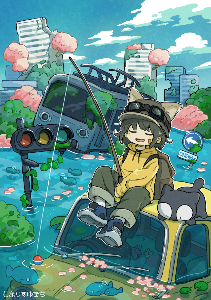 1girl animal animal_ears artist_name backpack bag bandaid bandaid_on_face black_cat black_hair blue_footwear building cat cat_ears cat_girl cherry_blossoms closed_eyes clouds commentary day ears_through_headwear fish fishing fishing_rod flood goggles goggles_on_headwear hat highres holding holding_fishing_rod hood hood_down hoodie long_sleeves open_mouth original outdoors overgrown pants partially_immersed post-apocalypse road_sign shimarisu_yukichi shoes short_hair sign sitting sky smile sneakers traffic_light train water yellow_hoodie