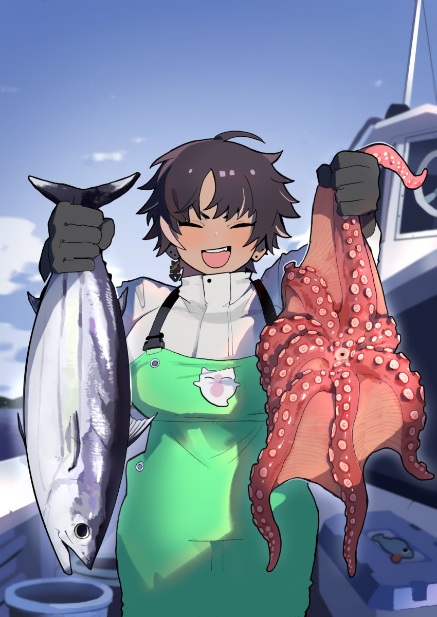 1girl animal apron black_gloves black_hair blush boat bon_(vtuber) breasts closed_eyes clouds dark-skinned_female dark_skin day ear_piercing facing_viewer fish gloves green_apron highres holding holding_animal holding_fish indie_virtual_youtuber large_breasts long_sleeves octopus open_mouth outdoors piercing second-party_source short_hair sky solo syakunetuu virtual_youtuber watercraft