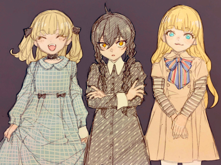 3girls addams_family blue_eyes bow bowtie braid closed_eyes collared_dress copyright_request cosplay cosplay_request crossed_arms dress gacho_p hair_down halloween_costume highres idolmaster idolmaster_cinderella_girls jougasaki_rika looking_at_viewer m3gan m3gan_(character) m3gan_(character)_(cosplay) mary_cochran matoba_risa multiple_girls open_mouth own_hands_together parted_lips sexy_panthers_(idolmaster) sketch smile teeth twin_braids two_side_up wednesday_(netflix) wednesday_addams wednesday_addams_(cosplay)