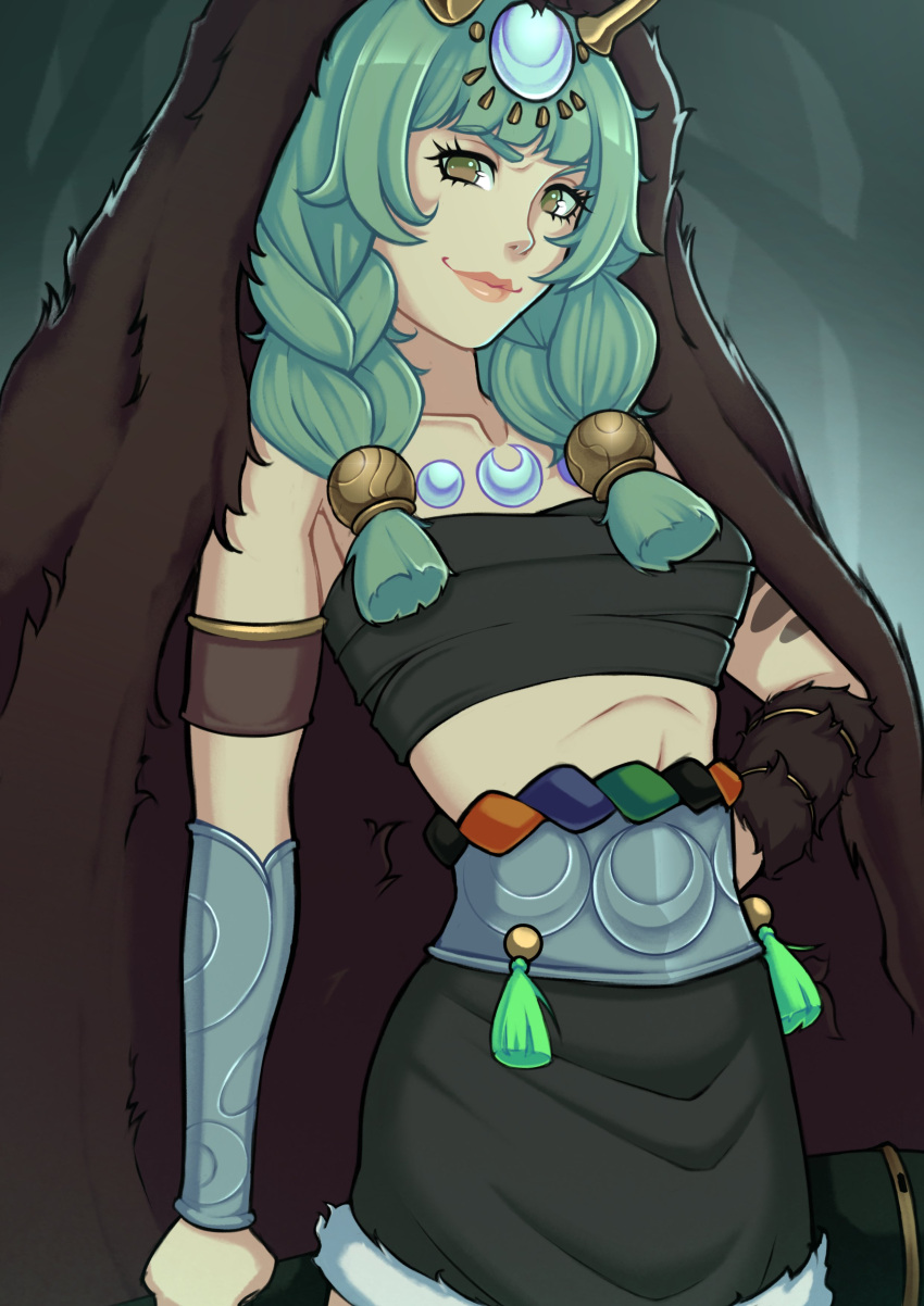 1girl absurdres ancient_greek_clothes antlers arm_warmers artemis_(hades) artist_request bandages bracelet deer_antlers fur-trimmed_arm_warmers fur_trim greco-roman_clothes green_hair hades_(series) hades_2 highres horns jewelry skirt smile solo thick_bangs