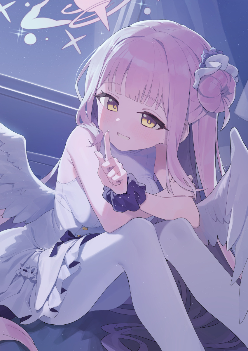 1girl absurdres angel_wings armpit_crease bada_(jksh5056) blue_archive breasts dress feathered_wings grin hair_bun halo highres large_breasts long_hair looking_at_viewer mika_(blue_archive) pantyhose pink_hair pink_halo single_side_bun sleeveless smile solo white_dress white_pantyhose white_wings wings yellow_eyes