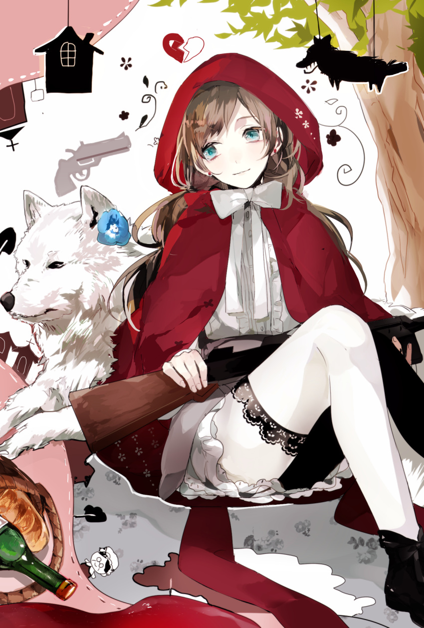 1girl basket blue_eyes bottle bread brown_hair dog dress earrings flower food gun heart highres hood hood_up house jewelry lace-trimmed_thighhighs little_red_riding_hood little_red_riding_hood_(grimm) long_hair pantyhose paw_print prin_dog red_hood rifle sitting skirt smile solo stud_earrings thigh-highs tree wallpaper_(object) weapon white_dog white_dress white_thighhighs wine_bottle wolf