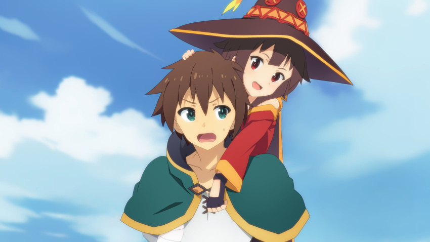 1boy 1girl :d arms_behind_back black_gloves blue_sky blunt_bangs bright_pupils brown_hair brown_hat capelet carrying clouds commentary_request day fingerless_gloves frown gloves green_capelet green_eyes hair_between_eyes happy hat headpat hetero highres kono_subarashii_sekai_ni_shukufuku_wo! long_sleeves looking_at_another megumin open_mouth outdoors paid_reward_available peeking_out piggyback red_eyes satou_kazuma short_hair short_hair_with_long_locks sky smile spiky_hair sweatdrop toraya_(doujintraya) upper_body v-shaped_eyebrows wide_sleeves witch_hat