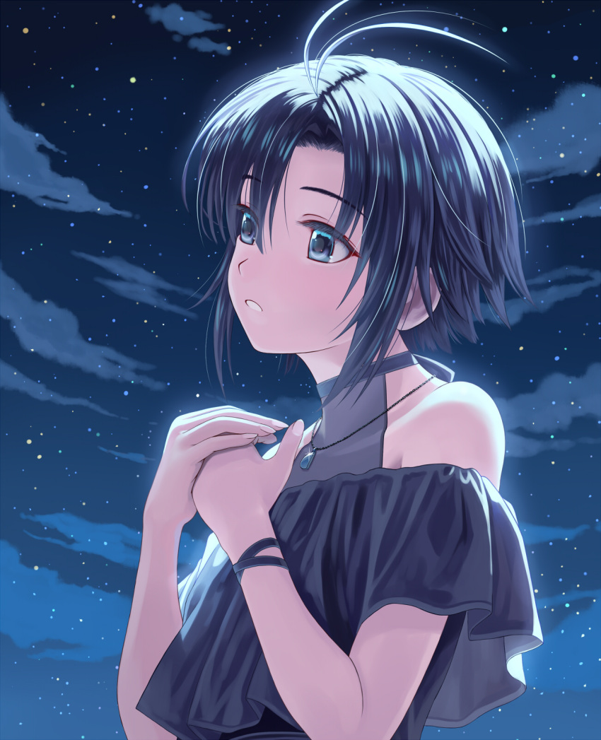 1girl antenna_hair bare_shoulders black_dress black_eyes black_hair clouds commentary_request dress flat_chest highres idolmaster idolmaster_(classic) jewelry kikuchi_makoto looking_to_the_side moonlight necklace nekopuchi night outdoors own_hands_together short_hair sky solo star_(sky) starry_sky upper_body