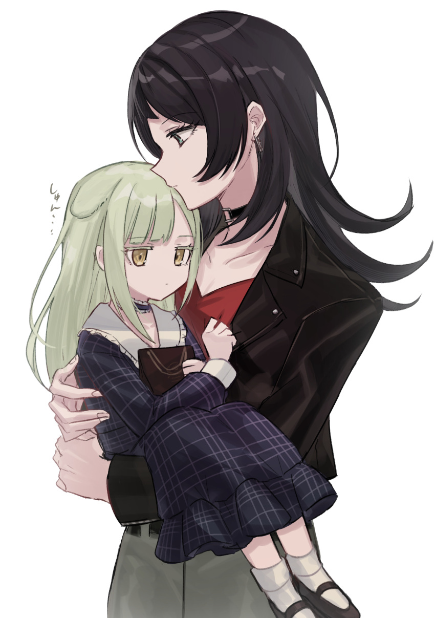 2girls absurdres aged_down animal_ears aoki_shizumi bang_dream! bang_dream!_it's_mygo!!!!! black_choker black_dress black_hair black_jacket carrying carrying_person child choker closed_mouth commentary_request dog_ears dress earrings expressionless green_eyes green_hair grey_skirt highres jacket jewelry kemonomimi_mode long_hair long_sleeves multiple_girls plaid plaid_dress red_shirt shirt shirt_grab simple_background skirt translation_request wakaba_mutsumi white_background yahata_umiri yellow_eyes