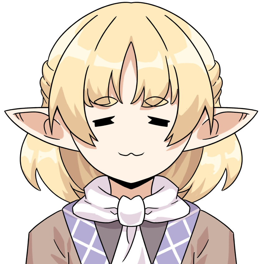 1girl :3 =_= black_shirt blonde_hair brown_shirt closed_eyes closed_mouth commentary english_commentary half_updo highres medium_bangs mizuhashi_parsee pointy_ears praeto scarf shirt short_hair simple_background smile solo sousou_no_frieren thick_eyebrows touhou undershirt upper_body white_background white_scarf