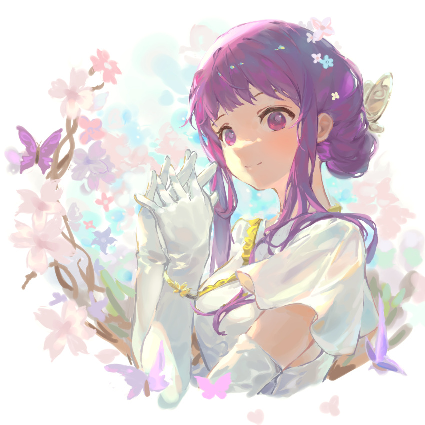 1girl absurdres ahriii bug butterfly closed_mouth dress fern_(sousou_no_frieren) flower gloves gold_trim hair_bun hair_ornament hands_up highres jewelry long_hair official_alternate_costume official_alternate_hairstyle purple_hair short_sleeves sidelocks simple_background smile solo sousou_no_frieren upper_body violet_eyes white_background white_dress white_gloves