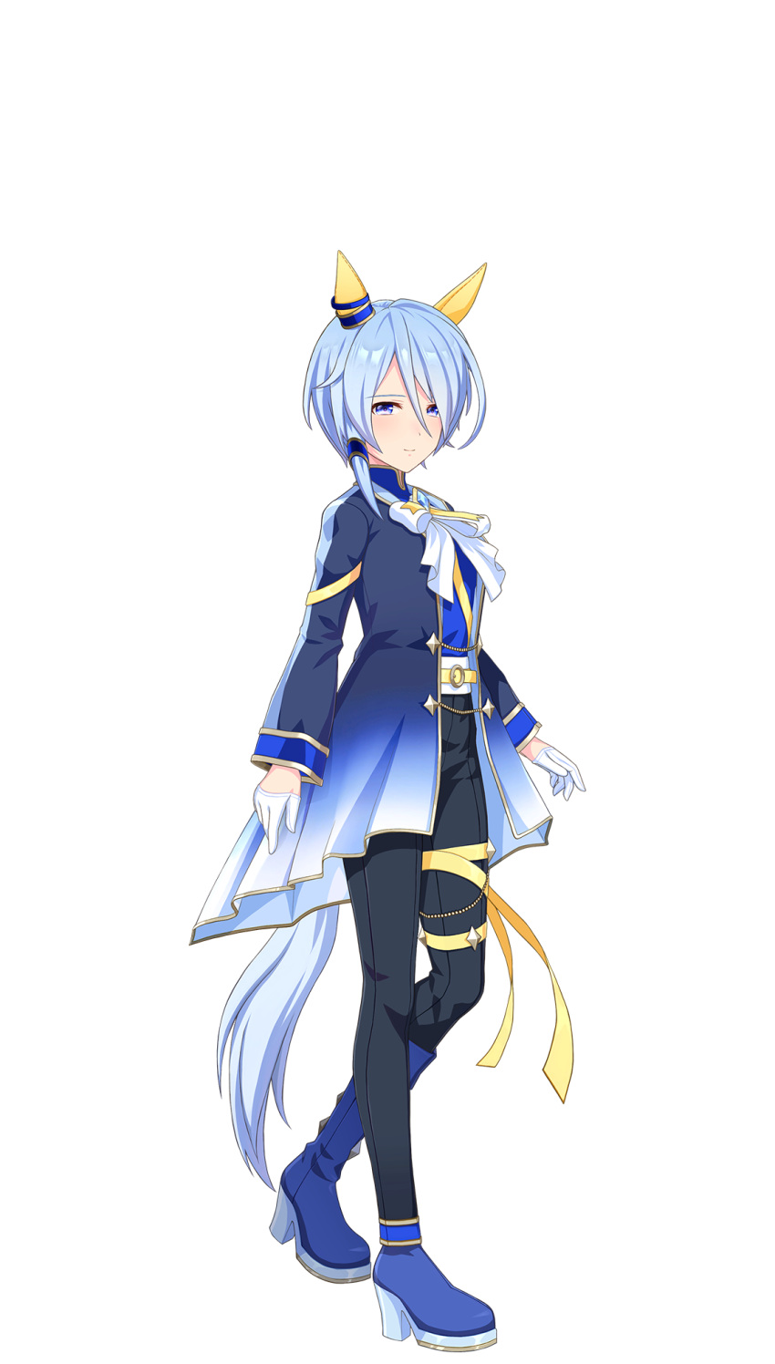 1girl animal_ears bad_link black_footwear blue_footwear blue_hair blue_jacket boots bow closed_mouth ear_covers ear_ornament full_body game_model gloves hair_between_eyes highres horse_ears horse_girl horse_tail jacket k.s.miracle_(umamusume) light_blue_hair long_sleeves looking_at_viewer pants short_hair sitting solo standing tachi-e tail transparent transparent_background umamusume violet_eyes white_bow white_gloves