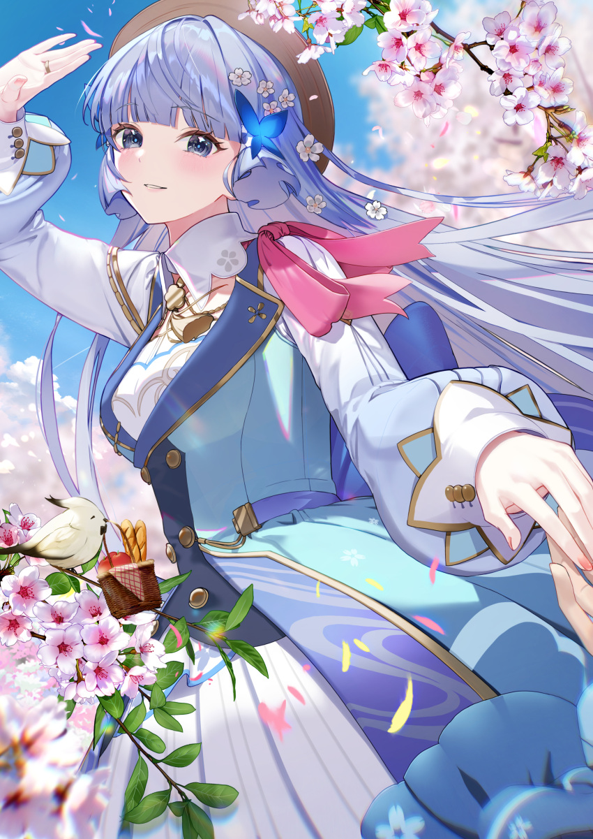 1girl 1other absurdres alternate_hairstyle bird blue_dress blue_eyes blue_hair blue_sky blunt_bangs blunt_tresses butterfly_hair_ornament clouds cloudy_sky collar dress floating_hair flower genshin_impact hair_flower hair_ornament hand_up hat highres jewelry kamisato_ayaka kamisato_ayaka_(springbloom_missive) long_hair long_sleeves looking_at_viewer official_alternate_costume outdoors parted_lips ring sky smile solo_focus ttorong white_collar white_flower