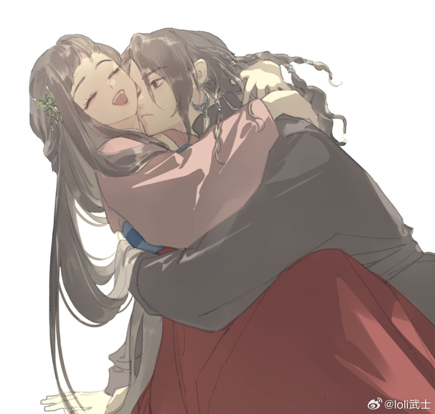 1boy 1girl arm_around_back arms_around_neck artist_name blunt_bangs braid brown_hair butterfly_hair_ornament closed_eyes couple crescent crescent_earrings earrings grey_shirt hair_ornament hand_in_another's_hair hetero hug japanese_clothes jewelry laughing light_blush loli_bushi long_hair long_sleeves looking_at_another multiple_braids open_mouth original parted_bangs pink_shirt red_skirt shirt skirt smile upper_body white_background