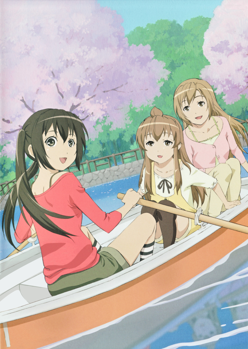 2000s_(style) 3girls absurdres ahoge black_hair blonde_hair blouse blue_sky boat breasts brown_eyes brown_hair cardigan cherry_blossoms fence flower green_pants hair_between_eyes highres holding holding_oar huge_ahoge lake long_hair long_sleeves looking_at_viewer looking_back minami-ke minami_chiaki minami_haruka minami_kana multiple_girls oar official_art open_mouth outdoors pants pink_cardigan pond red_shirt reflection reflective_water ribbon rowboat rowing scan shirt siblings sisters sky smile socks stone_wall striped_clothes striped_socks tree twintails water watercraft wooden_fence yellow_pants