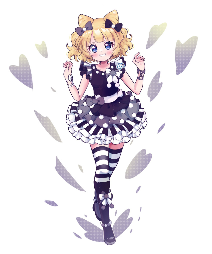 1girl black_bow black_dress black_footwear blonde_hair blue_eyes blunt_bangs blush bow chii_(chi_pppuri) commentary_request cone_hair_bun double_bun dress full_body grin hair_bow hair_bun hands_up highres idol_clothes looking_at_viewer minami_mirei open_mouth pretty_series pripara short_hair smile solo standing striped_clothes striped_thighhighs thigh-highs
