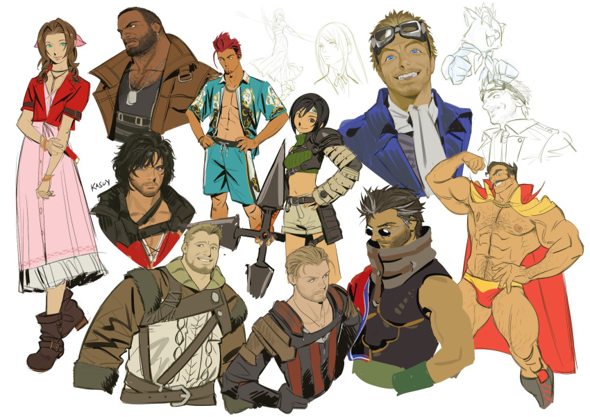 4girls 6+boys aerith_gainsborough aqua_shirt aqua_shorts armor artist_name ascot auron bangle barret_wallace beard black_cloak black_shirt blonde_hair blue_eyes blue_jacket boots bracelet brown_coat brown_eyes brown_footwear brown_hair brown_vest cait_sith_(ff7) cape cat chain_necklace choker cid_highwind clive_rosfield cloak closed_mouth coat cowboy_shot crop_top cropped_jacket cropped_legs cropped_torso crown dark-skinned_male dark_skin dio_(final_fantasy) dog_tags dress earrings facial_hair final_fantasy final_fantasy_vii final_fantasy_vii_rebirth final_fantasy_vii_remake final_fantasy_x final_fantasy_xvi flexing flower_choker full_body gav_(ff16) goetz_(ff16) goggles goggles_on_head gold_cape green_eyes green_shirt grey_hair grey_shorts grin hair_between_eyes hair_ribbon hair_slicked_back hands_on_own_hips hawaiian_shirt headband highres holding holding_shuriken holding_staff holding_weapon jacket jewelry jill_warrick johnny_(ff7) leather_armor long_dress long_hair long_skirt male_swimwear midriff mini_crown mr_kasuy multicolored_hair multiple_boys multiple_girls muscular muscular_male mustache neck_ribbon necklace nontraditional_miko open_clothes open_shirt pink_dress pink_ribbon pleated_skirt red_cape red_jacket red_male_swimwear red_vest redhead ribbon scar scar_on_cheek scar_on_face shirt short_hair short_sleeves shorts shoulder_armor shuriken single_bare_shoulder single_earring single_shoulder_pad single_sleeve skirt sleeveless sleeveless_shirt sleeveless_turtleneck smile soul_patch staff streaked_hair stubble sunglasses swim_briefs teeth turtleneck two-sided_cape two-sided_fabric upper_body very_short_hair vest weapon white_ascot wide_sleeves yuffie_kisaragi yuna_(ff10)