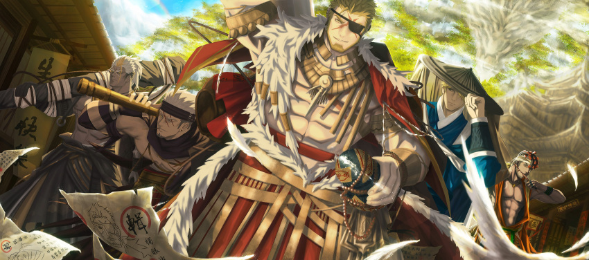 abs absurdres armband bandages bidziil_(gyee) blonde_hair blue_sky bottle buegnahrnc9m9lh clouds cloudy_sky coat dark_skin ear_piercing fur_coat gaar_(gyee) gauntlets gyee hat highres holding holding_weapon japanese_clothes kimono long_skirt looking_at_viewer male_focus markus_(gyee) mature_male middle_eastern_architecture miles_(gyee) multicolored_hair muscular muscular_male nemesio_(gyee) one_eye_covered outdoors piercing redhead sake_bottle scar scar_on_face scarf skirt sky smirk teeth topless_male tree weapon white_hair yellow_eyes
