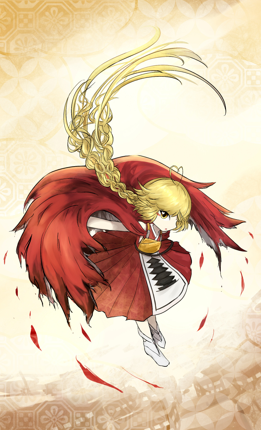 1other :o absurdres androgynous antenna_hair apron armor bare_arms bare_shoulders blonde_hair braid breastplate brown_background cape circle_skirt commentary feather_cape feathers floating_hair full_body heart heart_antenna_hair heart_in_eye highres japanese_clothes kimono kuroda_(kurota_ne) len'en long_hair looking_at_viewer low_twin_braids ooama_no_ake_no_mitori open_mouth other_focus outstretched_arms pagoda red_cape red_kimono short_kimono simple_background sleeveless sleeveless_kimono socks solo symbol_in_eye twin_braids two-sided_cape two-sided_fabric very_long_hair waist_apron white_apron white_socks yellow_eyes