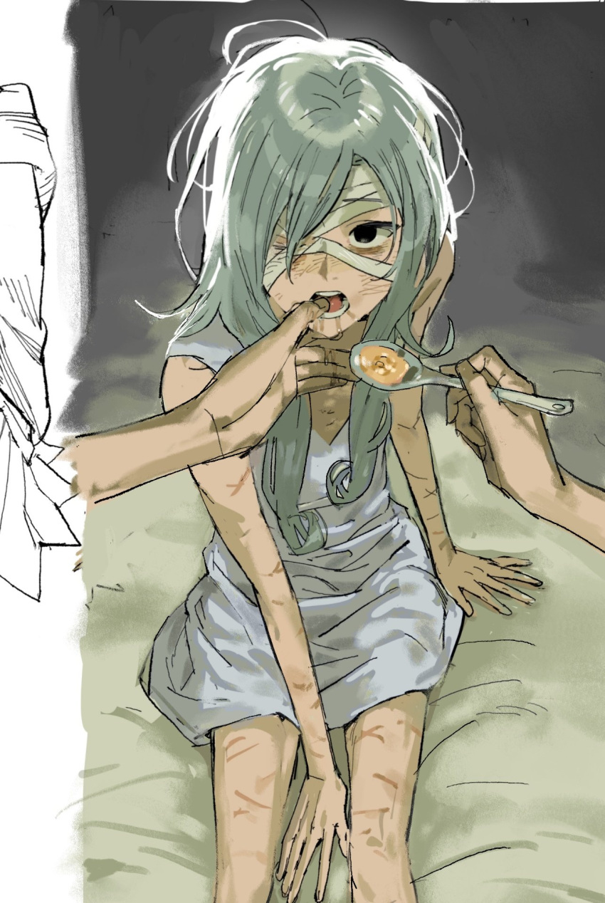 1boy bags_under_eyes bandage_over_one_eye bandaged_head bandages black_eyes dirty drooling dungeon_meshi elf feeding finger_in_another's_mouth food gorget green_shirt grey_hair highres holding holding_spoon long_hair long_sleeves looking_at_viewer male_focus messy_hair mithrun mon_g_11 multiple_scars open_mouth pointy_ears pov pov_hands saliva scar shirt sitting skinny solo_focus spoon teeth tongue tunic wavy_hair white_tunic