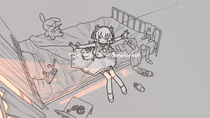 1girl bed blush bow bowtie brooch chair closed_eyes closed_mouth clothes_hanger clothes_on_bed coattails commentary_request crack_of_light crown curtains dress facing_viewer from_above greyscale hair_ornament heart heart_brooch highres indoors jewelry kitchen_knife light_particles long_hair microphone monochrome natori_sana on_bed outstretched_arms rabbit_hair_ornament sana_channel shoes sitting sleeveless sleeveless_dress slippers smile solo spot_color spread_arms stuffed_animal stuffed_rabbit stuffed_toy thigh-highs two_side_up uewtsol unworn_crown unworn_dress unworn_slippers unworn_thighhighs vest virtual_youtuber wide_shot wrist_cuffs